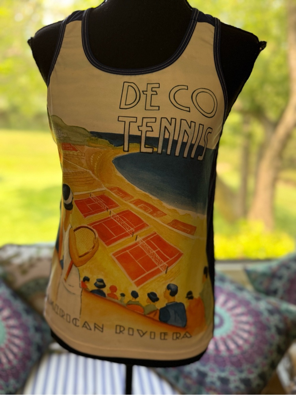 Vintage Deco Tennis Graphic Tank Top - Yellow & Navy size S tail